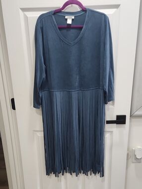 "Back In The Saddle" Slate-Blue  Faux Suede V-Neck Fringe Midi Dress Sz. 1X